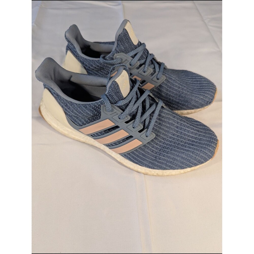 adidas Ultraboost Sneakers Womens Blue Gray Knit Pink Stripes Size 10